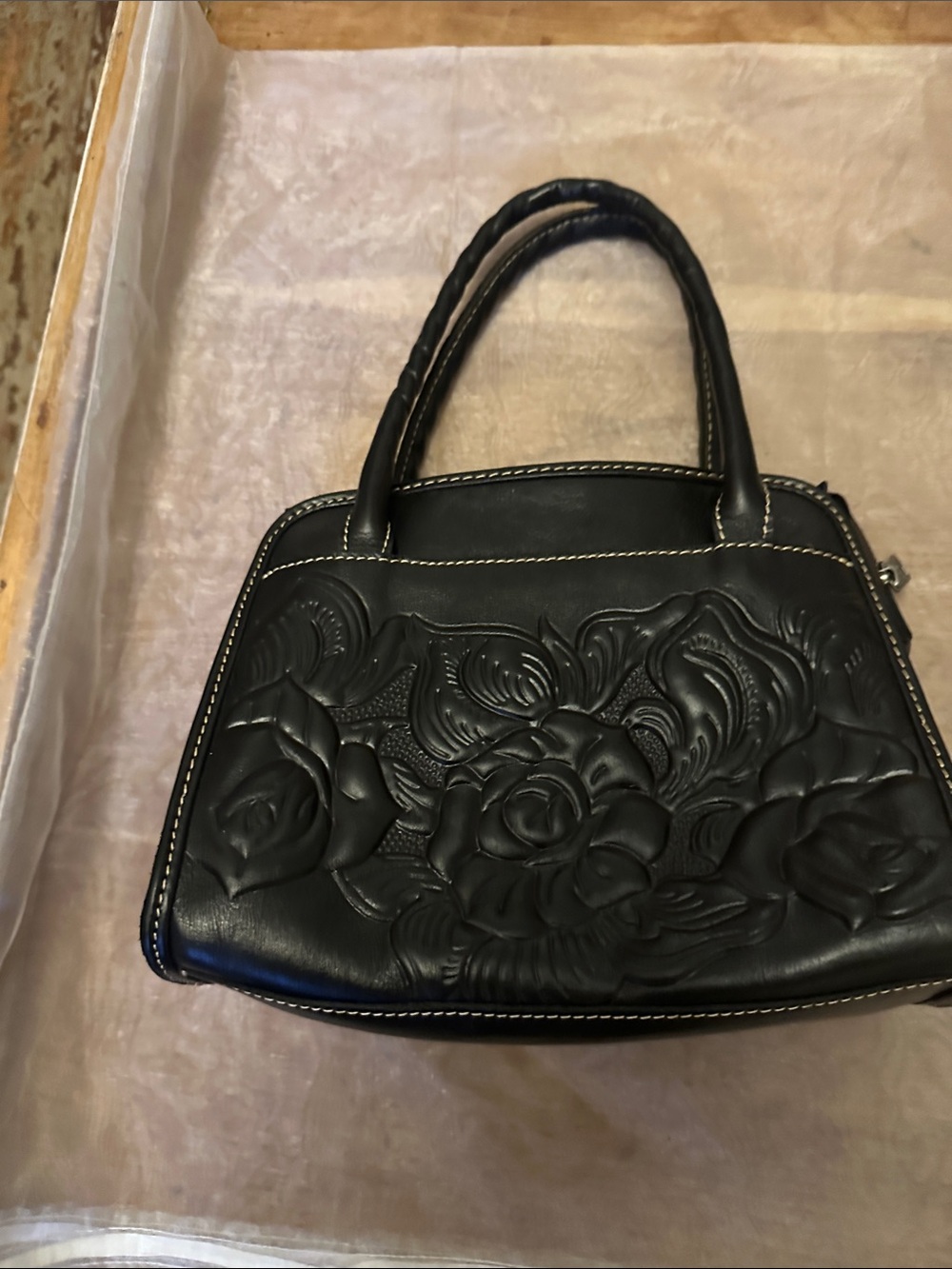 Patricia Nash Black Floral Embossed Mini Satchel